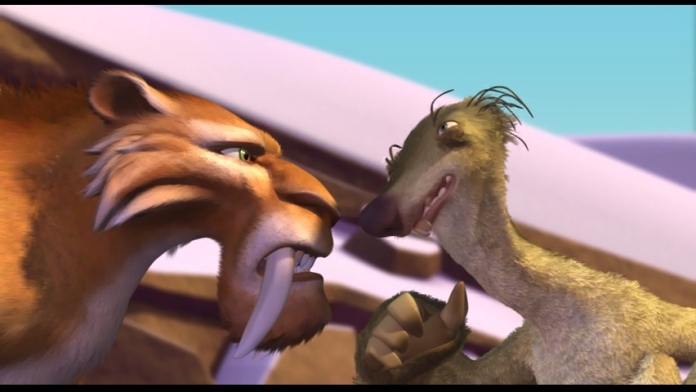 Scene from Ice Age (2002). Diego (left, Saber-Toothed Tiger) facing off with Sid (right, Sloth).